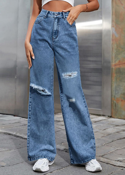 Blue Patchwork Pockets Ripped Denim Pants Fall