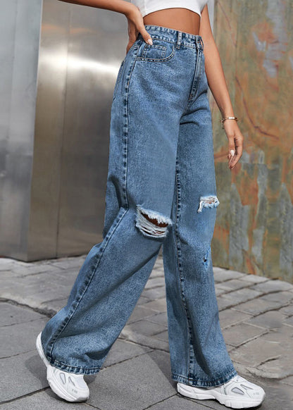 Blue Patchwork Pockets Ripped Denim Pants Fall