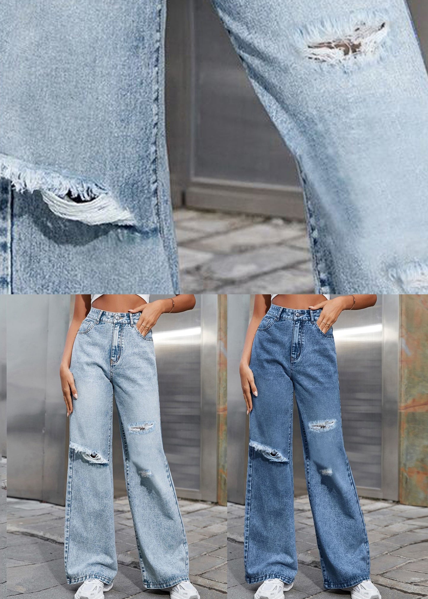 Blue Patchwork Pockets Ripped Denim Pants Fall