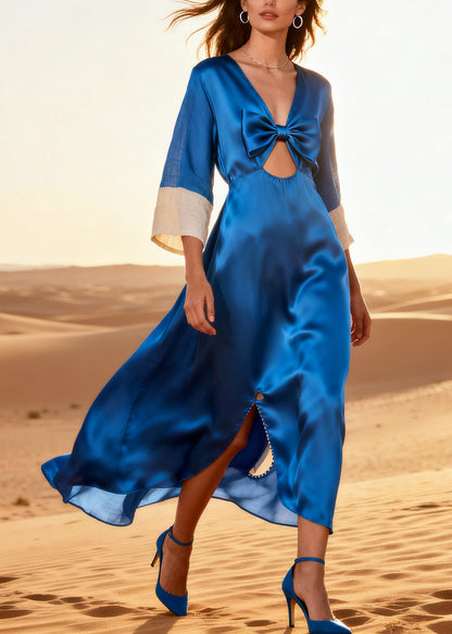 Blue Patchwork Silk Holiday Dress Bow Side Open Summer