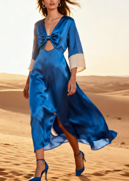 Blue Patchwork Silk Holiday Dress Bow Side Open Summer