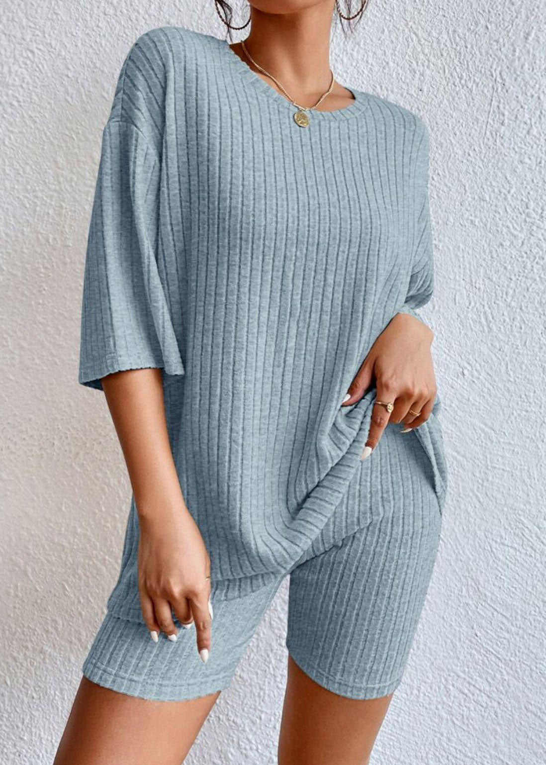 Blue Patchwork Top And Shorts Two Pieces Set Half Sleeve