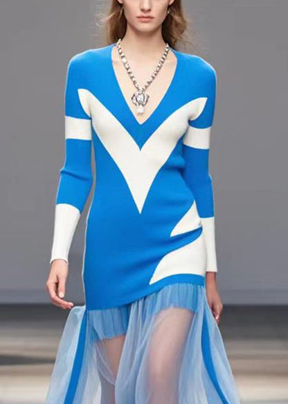Blue Patchwork Tulle Knitted Wraped Dress V Neck Fall