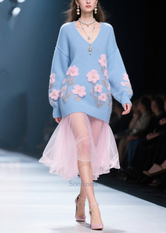 Blue Patchwork Tulle Long Knit Dress V Neck Flower Jacquard Winter