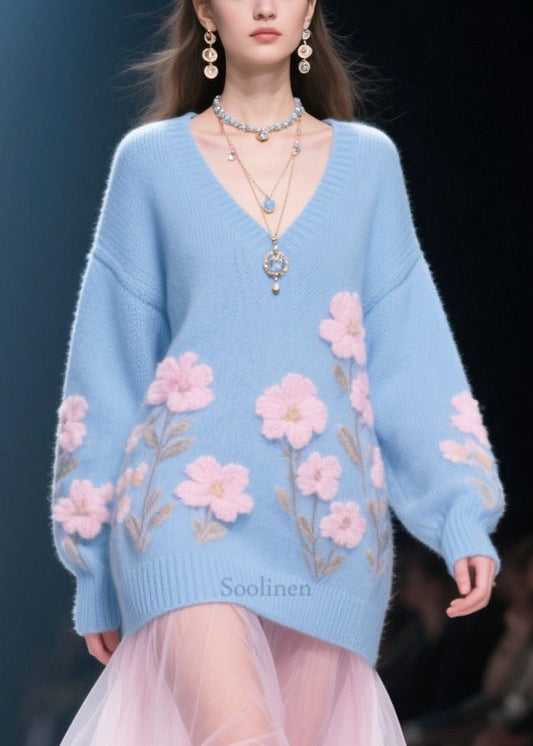 Blue Patchwork Tulle Long Knit Dress V Neck Flower Jacquard Winter