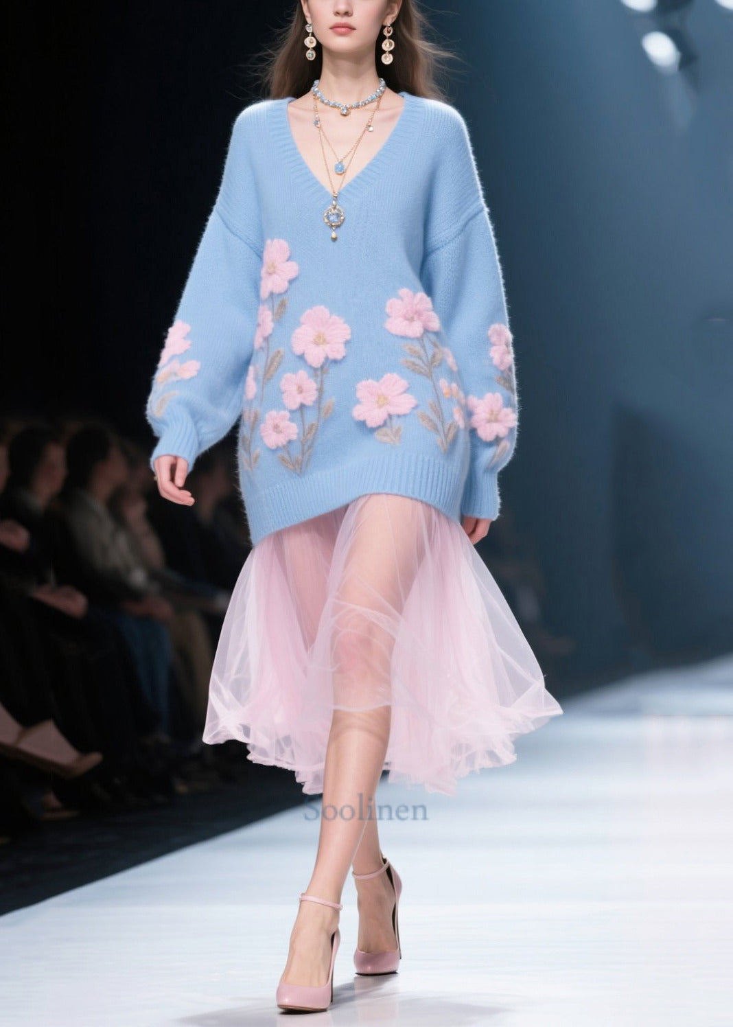 Blue Patchwork Tulle Long Knit Dress V Neck Flower Jacquard Winter