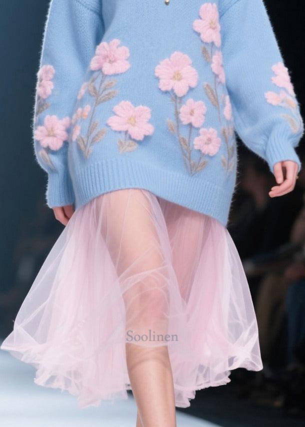 Blue Patchwork Tulle Long Knit Dress V Neck Flower Jacquard Winter