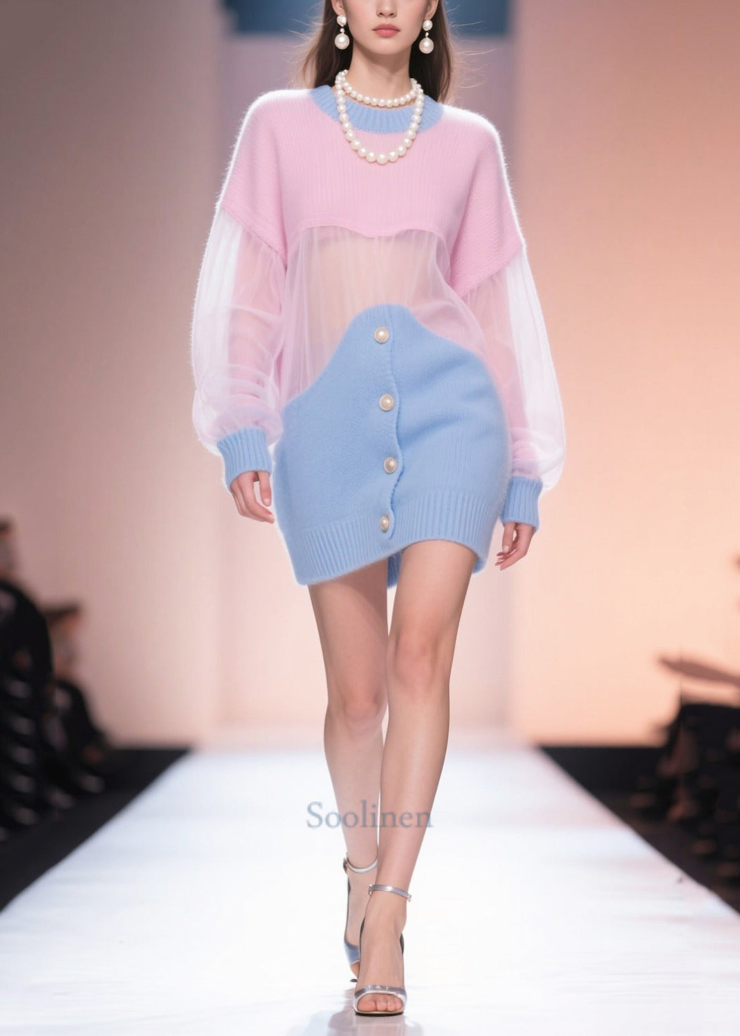 Blue Pink Patchwork Tulle Knit Sweater Dress Hollow Out Fall