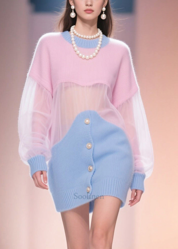 Blue Pink Patchwork Tulle Knit Sweater Dress Hollow Out Fall