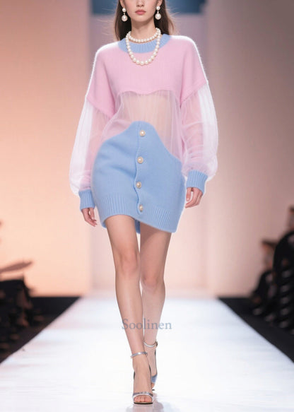 Blue Pink Patchwork Tulle Knit Sweater Dress Hollow Out Fall