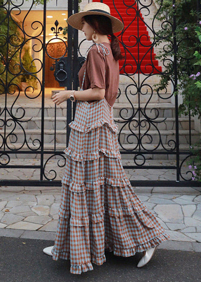 Blue Plaid Patchwork Ruffles Long Dress Sleeveless