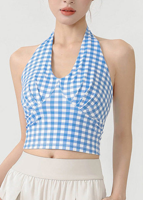 Blue Plaid Sports Neck Hanging Yoga Camisole Tank