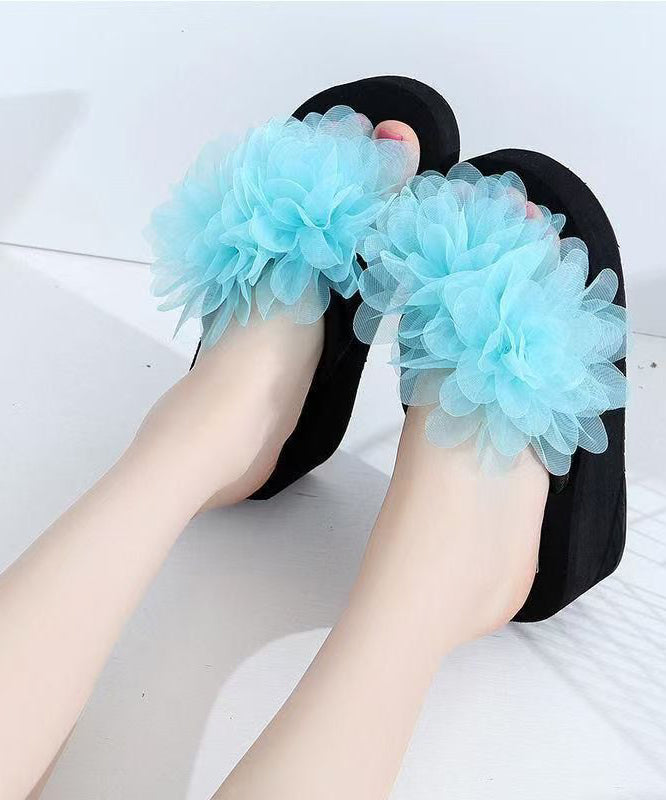 Blue Platform Faux Leather DIY Flower Thong Sandals