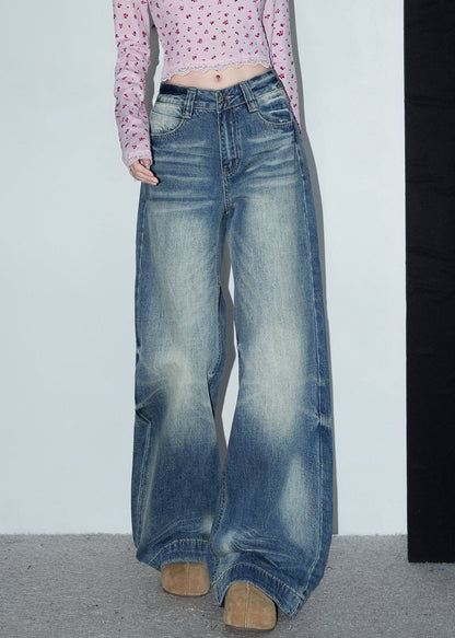 Blue Pockets Denim Wide Leg Pants High Waist Spring