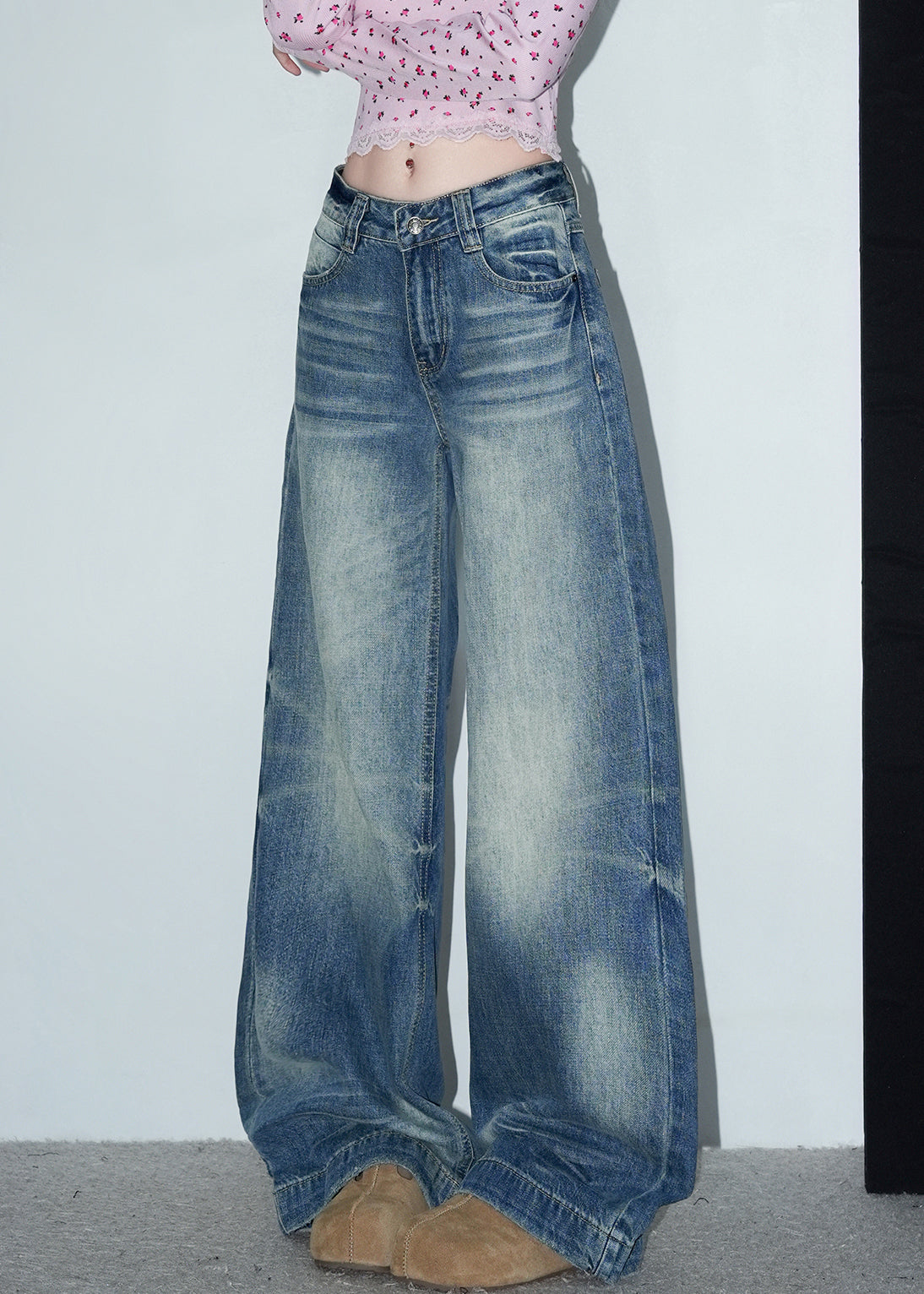 Blue Pockets Denim Wide Leg Pants High Waist Spring