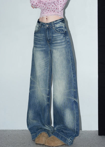 Blue Pockets Denim Wide Leg Pants High Waist Spring