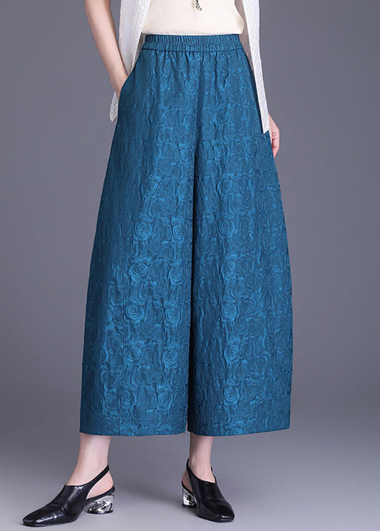 Blue Pockets Jacquard High Waist Wide Leg Crop Pants Summer