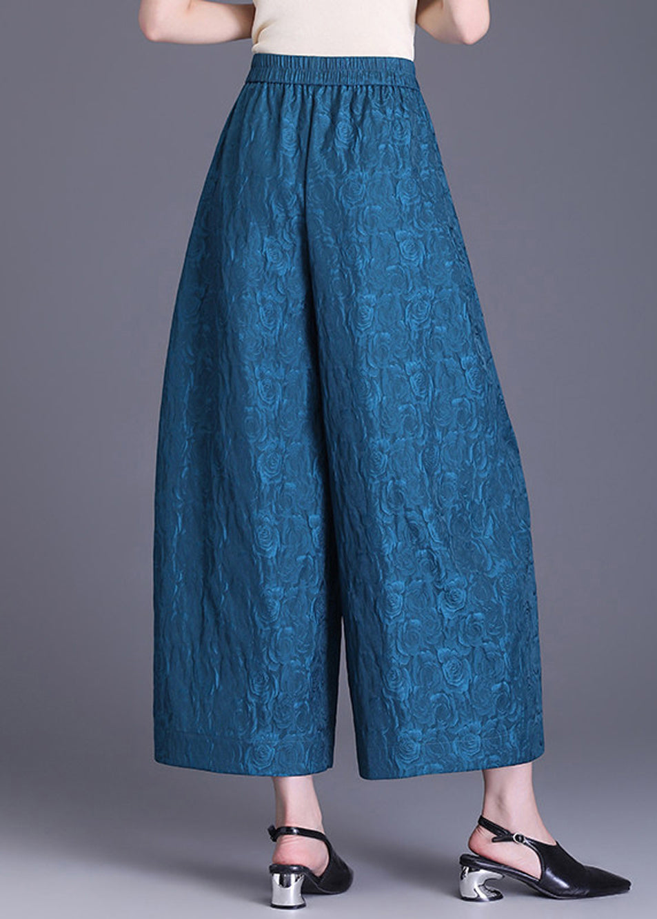 Blue Pockets Jacquard High Waist Wide Leg Crop Pants Summer