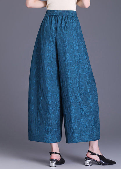 Blue Pockets Jacquard High Waist Wide Leg Crop Pants Summer
