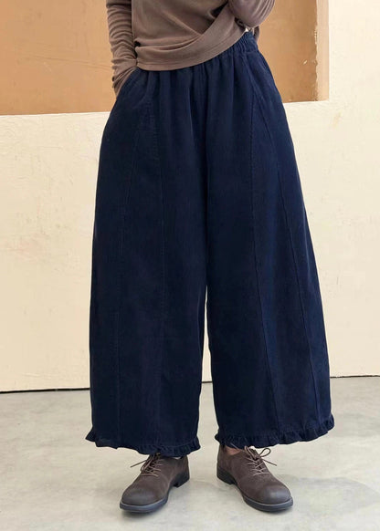 Blue Pockets Patchwork Cotton Pants Ruffled Elastic Waist Fall