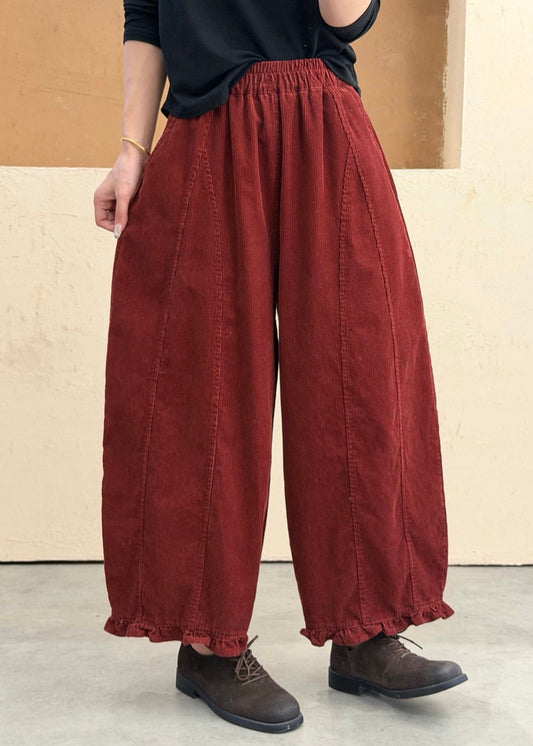 Blue Pockets Patchwork Cotton Pants Ruffled Elastic Waist Fall