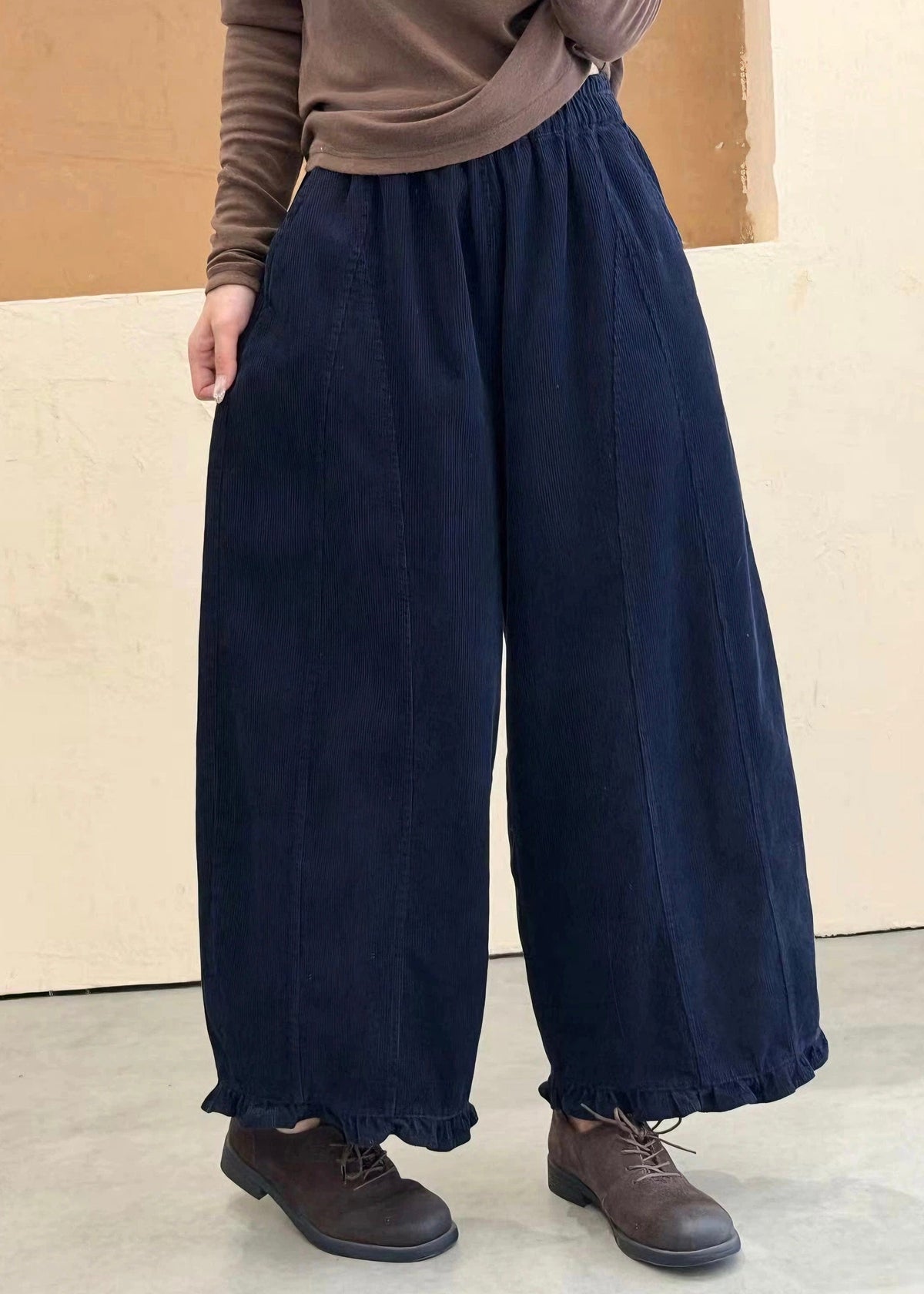 Blue Pockets Patchwork Cotton Pants Ruffled Elastic Waist Fall
