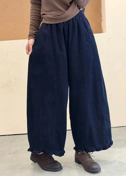 Blue Pockets Patchwork Cotton Pants Ruffled Elastic Waist Fall