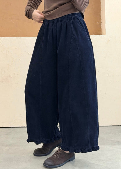 Blue Pockets Patchwork Cotton Pants Ruffled Elastic Waist Fall