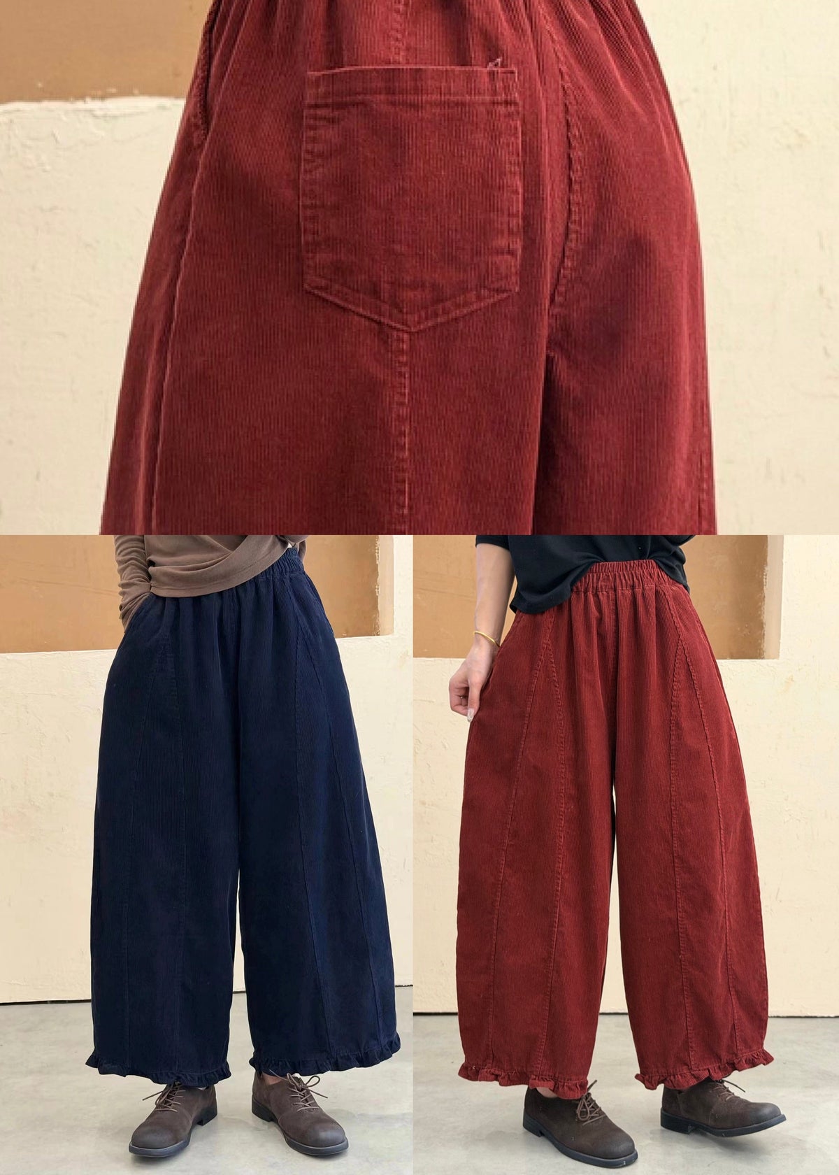 Blue Pockets Patchwork Cotton Pants Ruffled Elastic Waist Fall