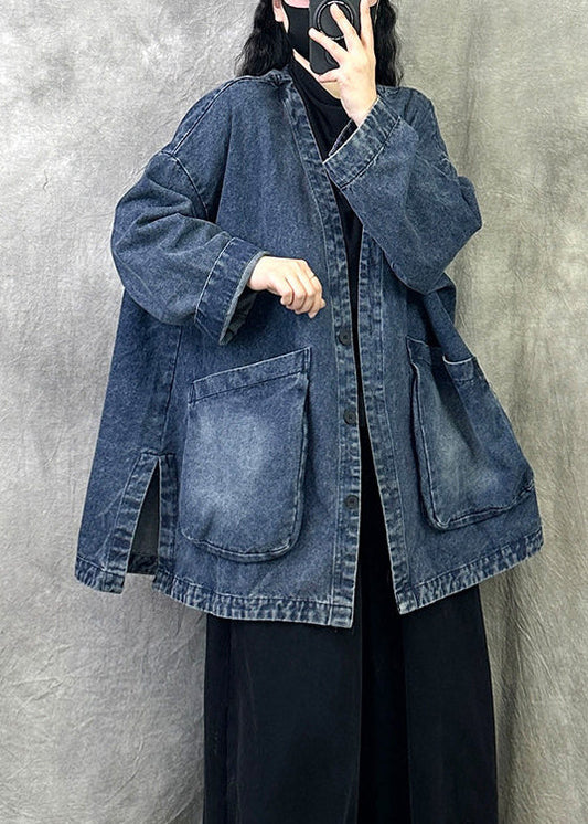 Blue Pockets Patchwork Loose Denim Coats V Neck Fall
