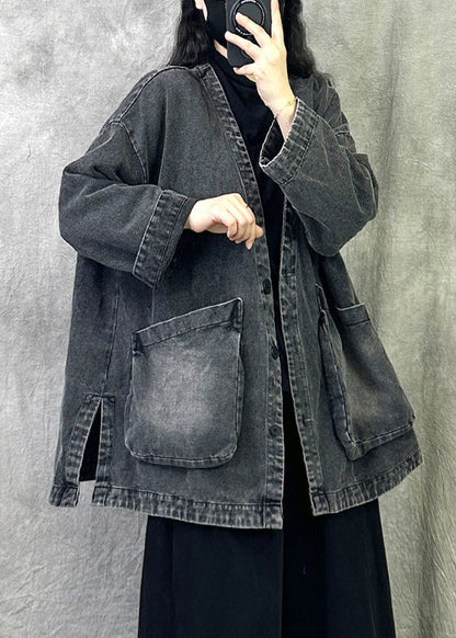 Blue Pockets Patchwork Loose Denim Coats V Neck Fall
