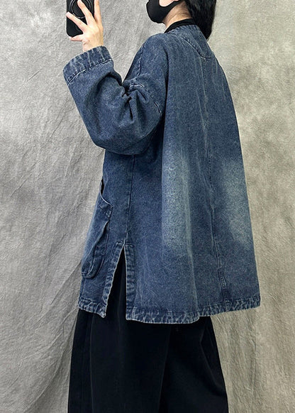 Blue Pockets Patchwork Loose Denim Coats V Neck Fall
