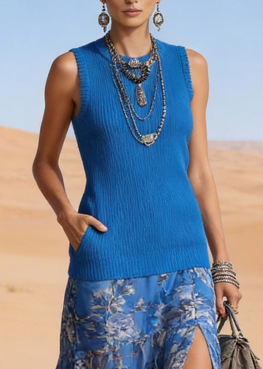 Blue Pockets Side Open Patchwork Knit Long Dresses O Neck Sleeveless