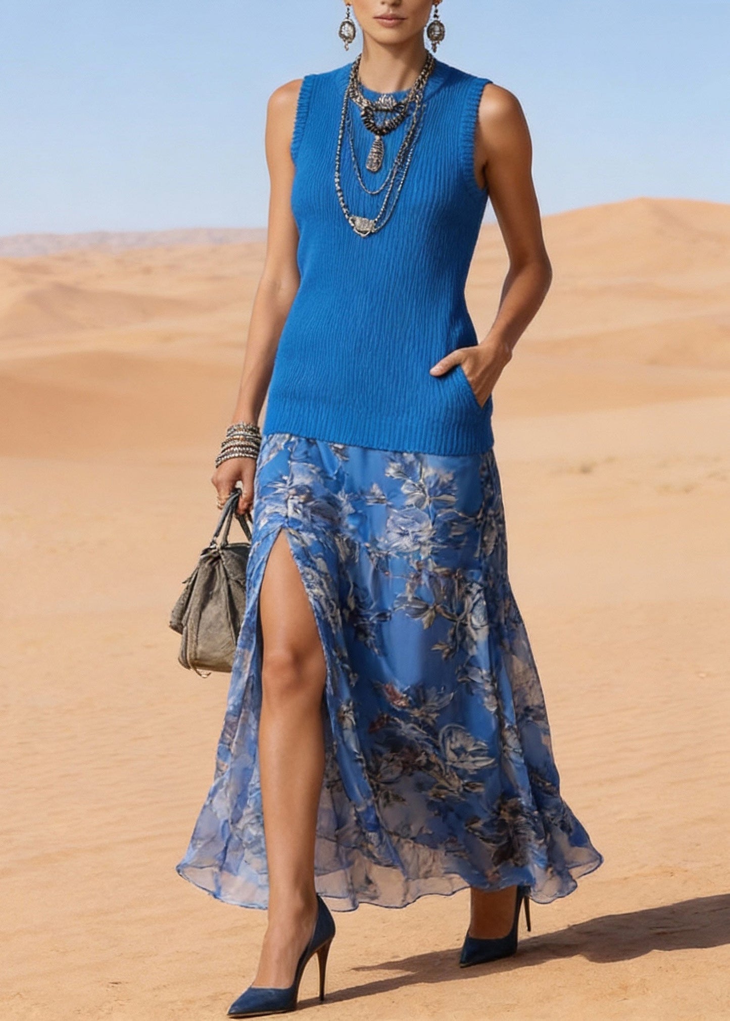 Blue Pockets Side Open Patchwork Knit Long Dresses O Neck Sleeveless