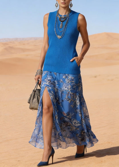 Blue Pockets Side Open Patchwork Knit Long Dresses O Neck Sleeveless