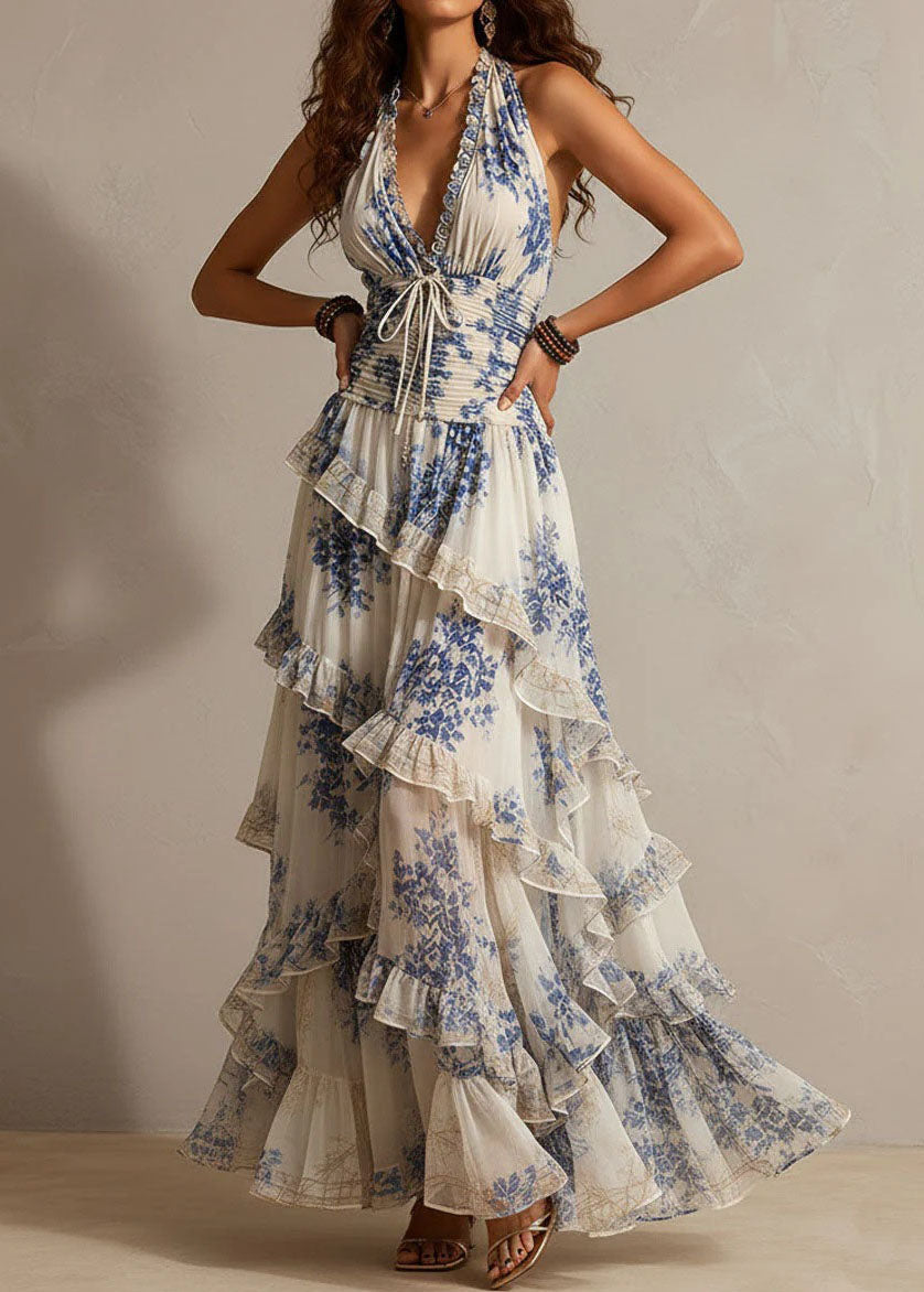 Blue Print Chiffon Holiday Dress Ruffled Hatle Summer