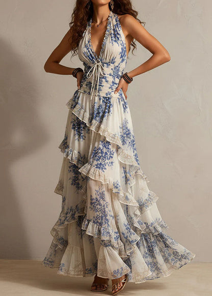 Blue Print Chiffon Holiday Dress Ruffled Hatle Summer