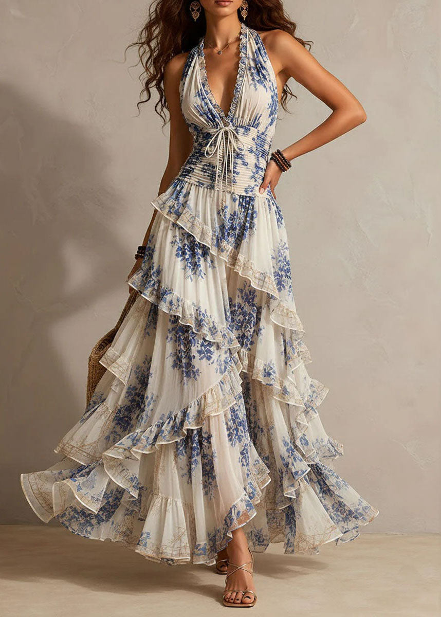 Blue Print Chiffon Holiday Dress Ruffled Hatle Summer