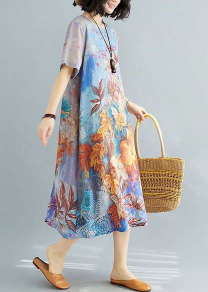 Blue Print Chiffon Holiday Maxi Dress Short Sleeve