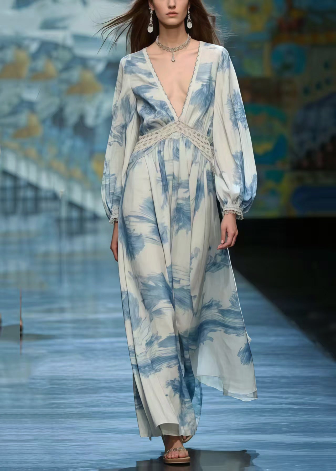 Blue Print Chiffon Long Dress Deep-V Neck Spring