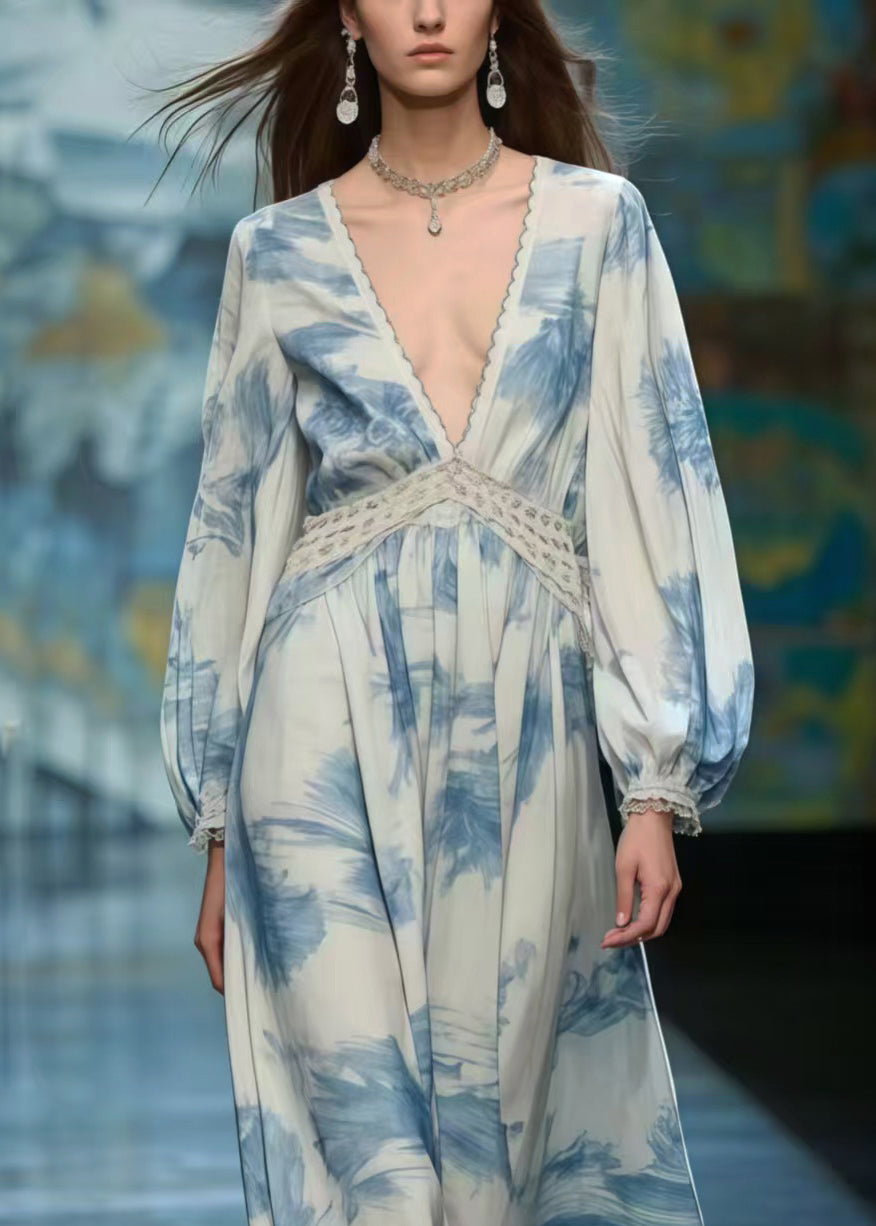 Blue Print Chiffon Long Dress Deep-V Neck Spring