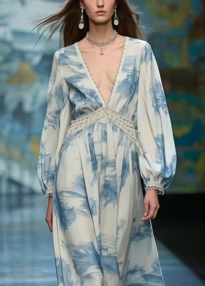 Blue Print Chiffon Long Dress Deep-V Neck Spring