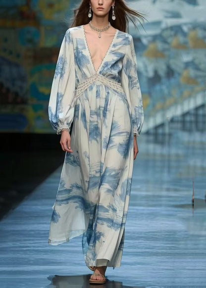 Blue Print Chiffon Long Dress Deep-V Neck Spring