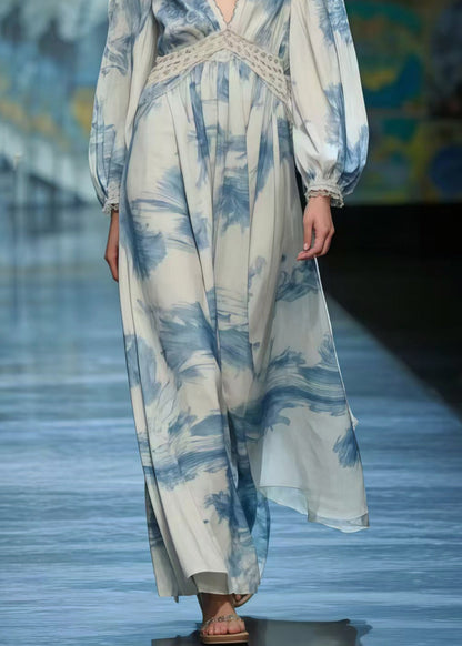 Blue Print Chiffon Long Dress Deep-V Neck Spring