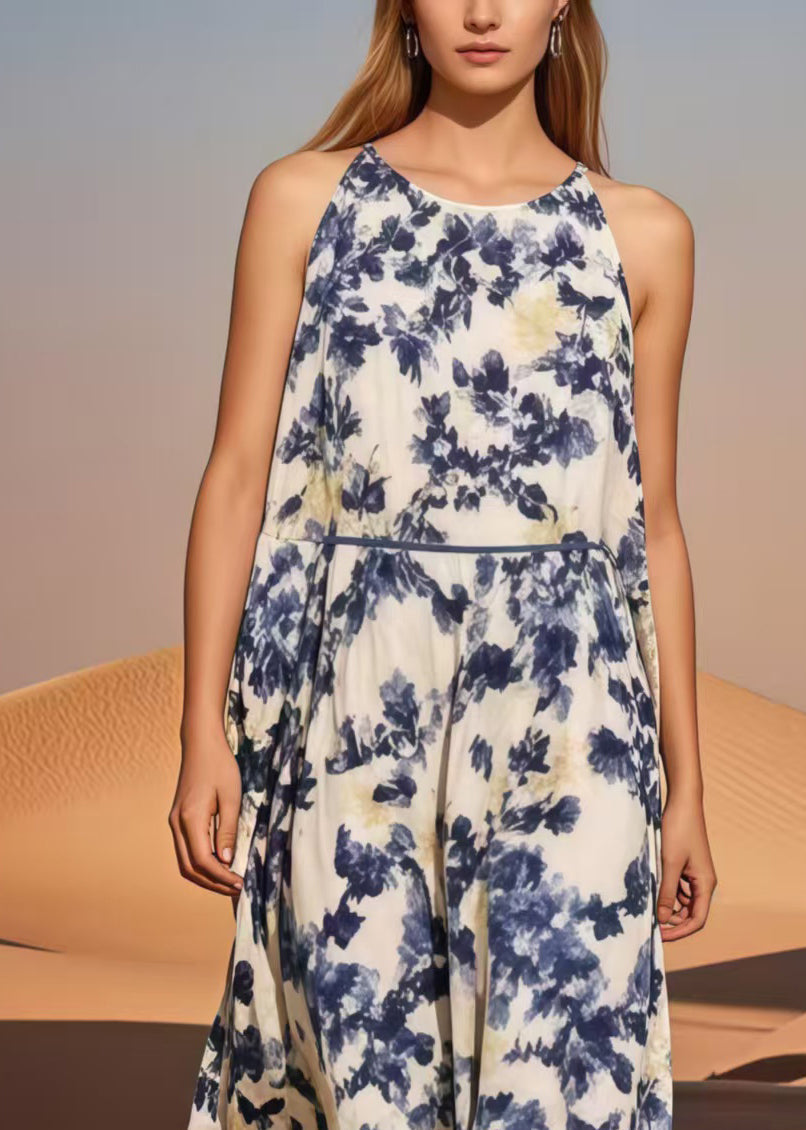 Blue Print Cotton Long Dress Cold Shoulder Summer