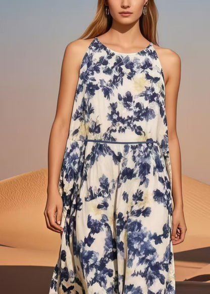 Blue Print Cotton Long Dress Cold Shoulder Summer