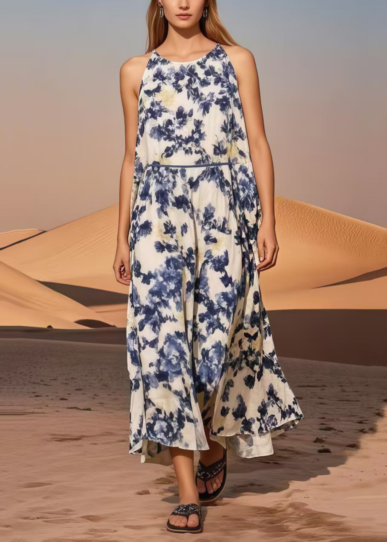 Blue Print Cotton Long Dress Cold Shoulder Summer