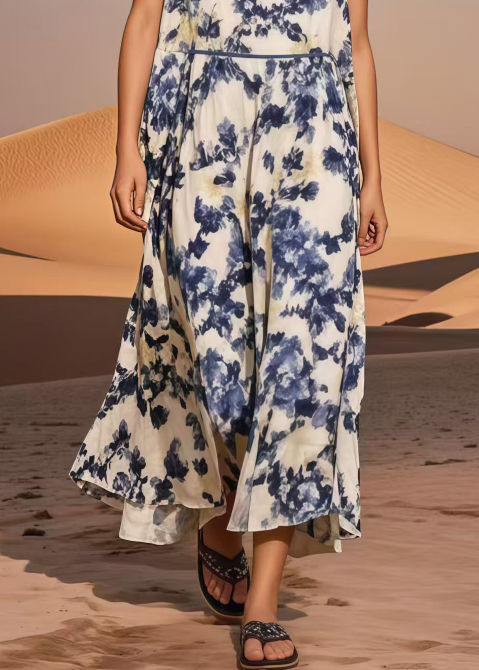 Blue Print Cotton Long Dress Cold Shoulder Summer