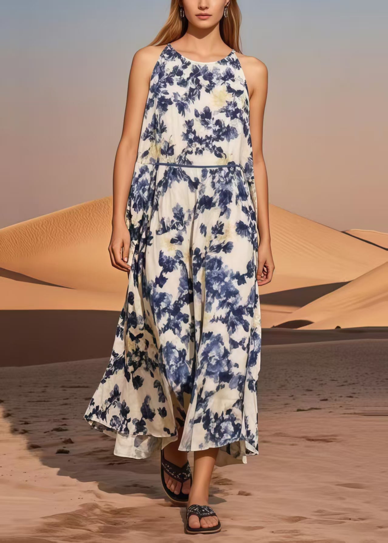 Blue Print Cotton Long Dress Cold Shoulder Summer