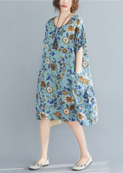 Blue Print Cotton Maxi Dresses Oversized Pockets Summer